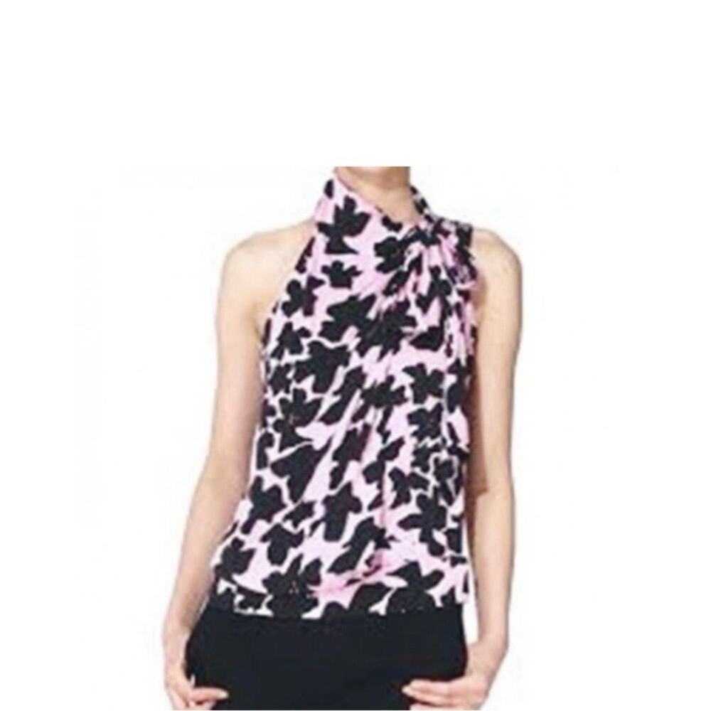 Diane von Furstenberg Bowman High Neck Sleeveless Top Floral Romantic Pink Sz 4